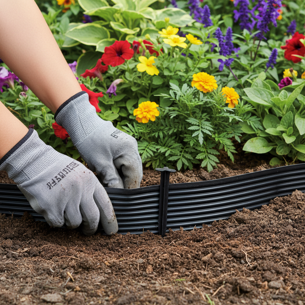 Homeowner installing black landscape edging around a flower bed, driving a spike into the ground.