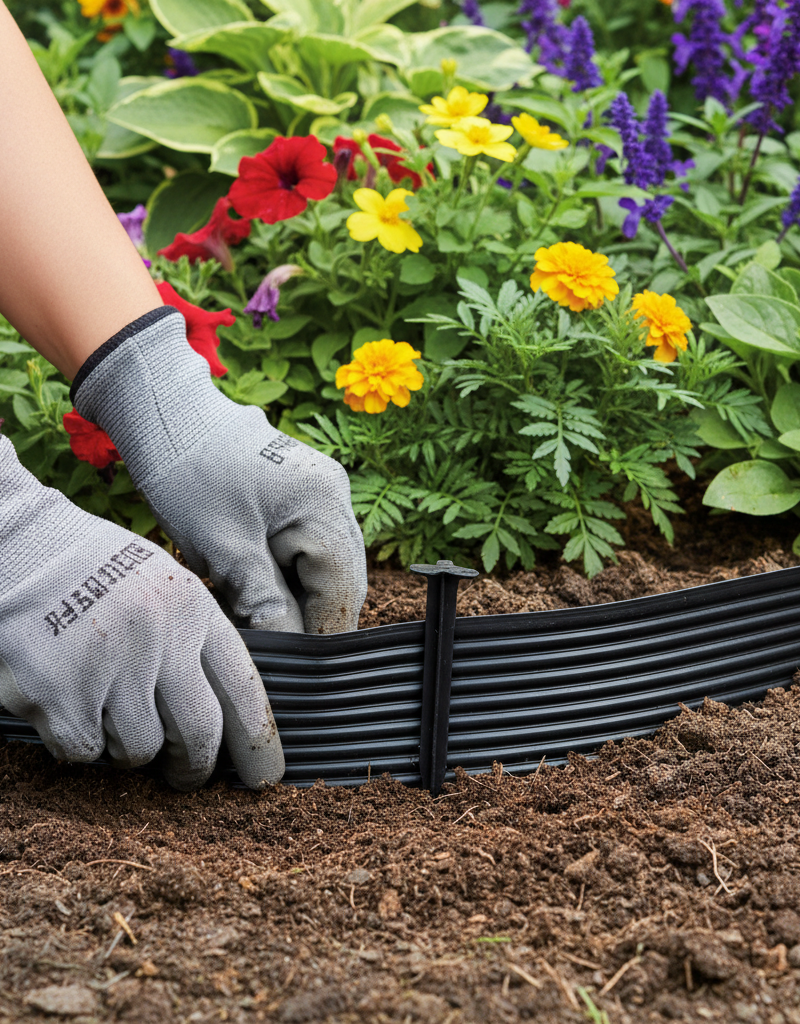 Homeowner installing black landscape edging around a flower bed, driving a spike into the ground.