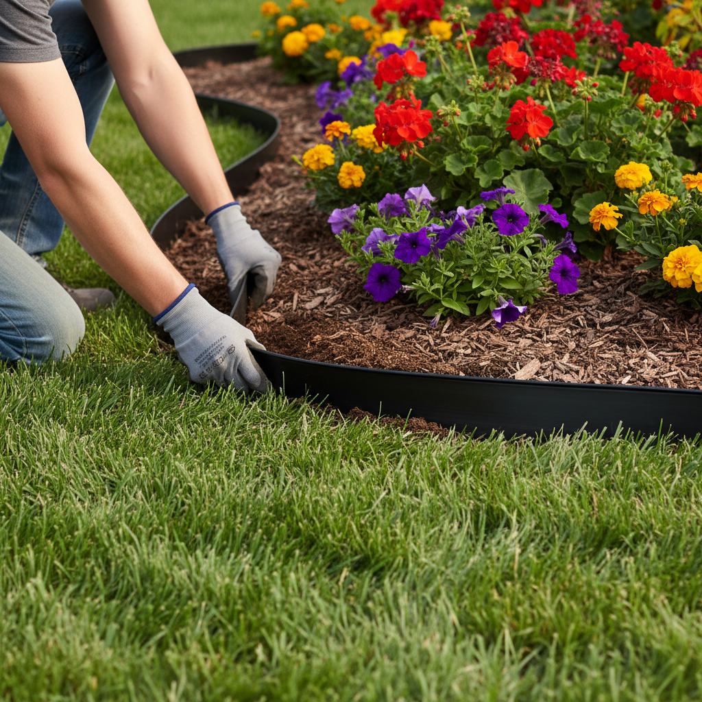 Homeowner installing black flexible landscape edging in a curved garden bed trench.