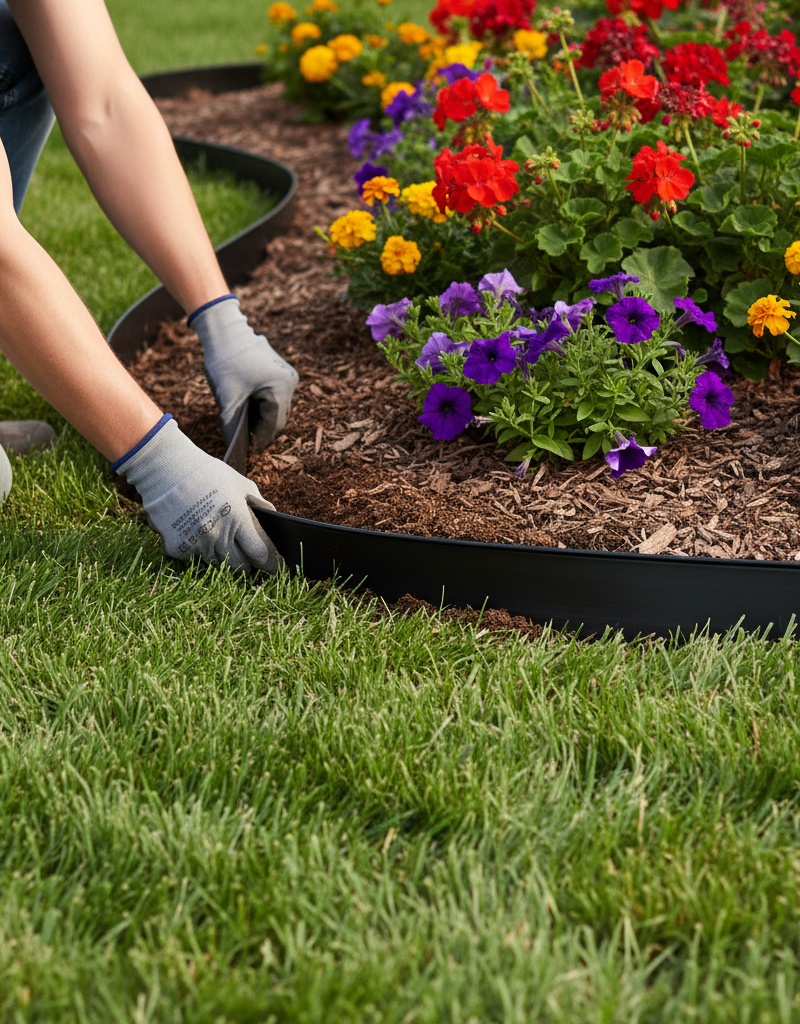 Homeowner installing black flexible landscape edging in a curved garden bed trench.