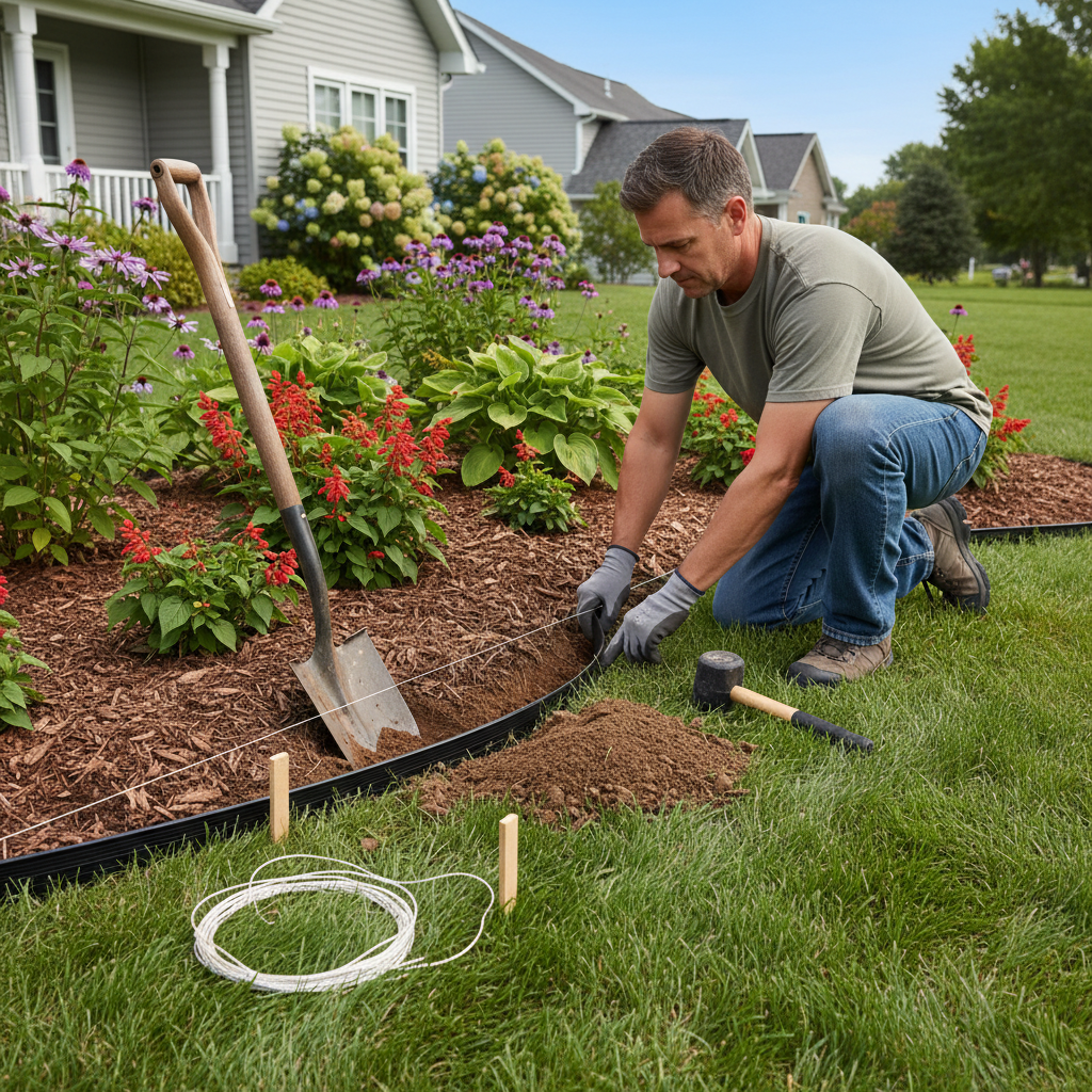 Homeowner installing black landscape edging, ensuring a level, stable foundation for a flower bed border.