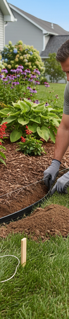 Homeowner installing black landscape edging, ensuring a level, stable foundation for a flower bed border.