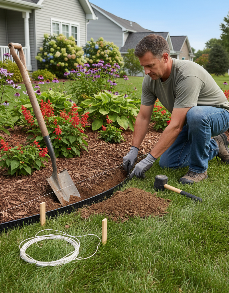 Homeowner installing black landscape edging, ensuring a level, stable foundation for a flower bed border.