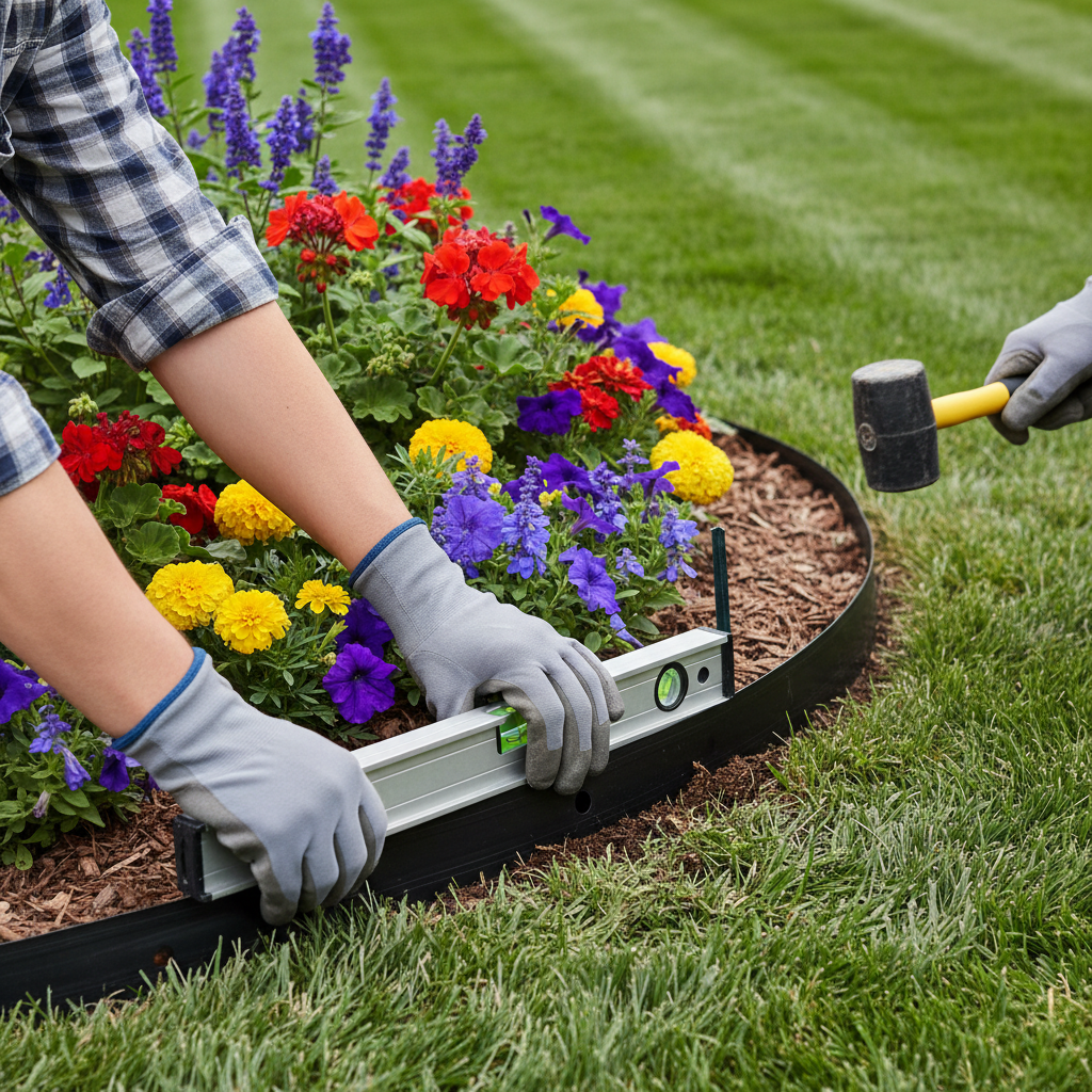 Homeowner installing landscape edging around a flower bed, tapping it level with a rubber mallet.