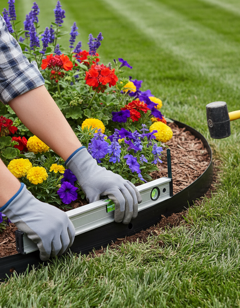 Homeowner installing landscape edging around a flower bed, tapping it level with a rubber mallet.