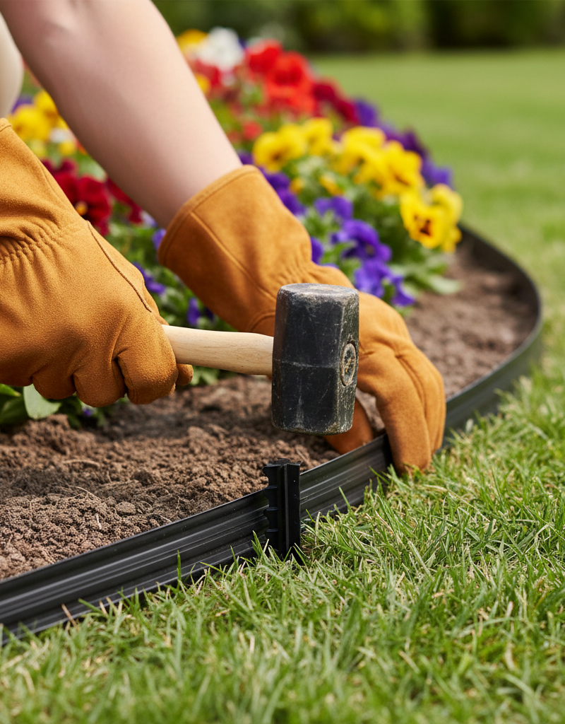 Homeowner fixing landscape edging by driving a securing stake into the ground next to a flower bed.