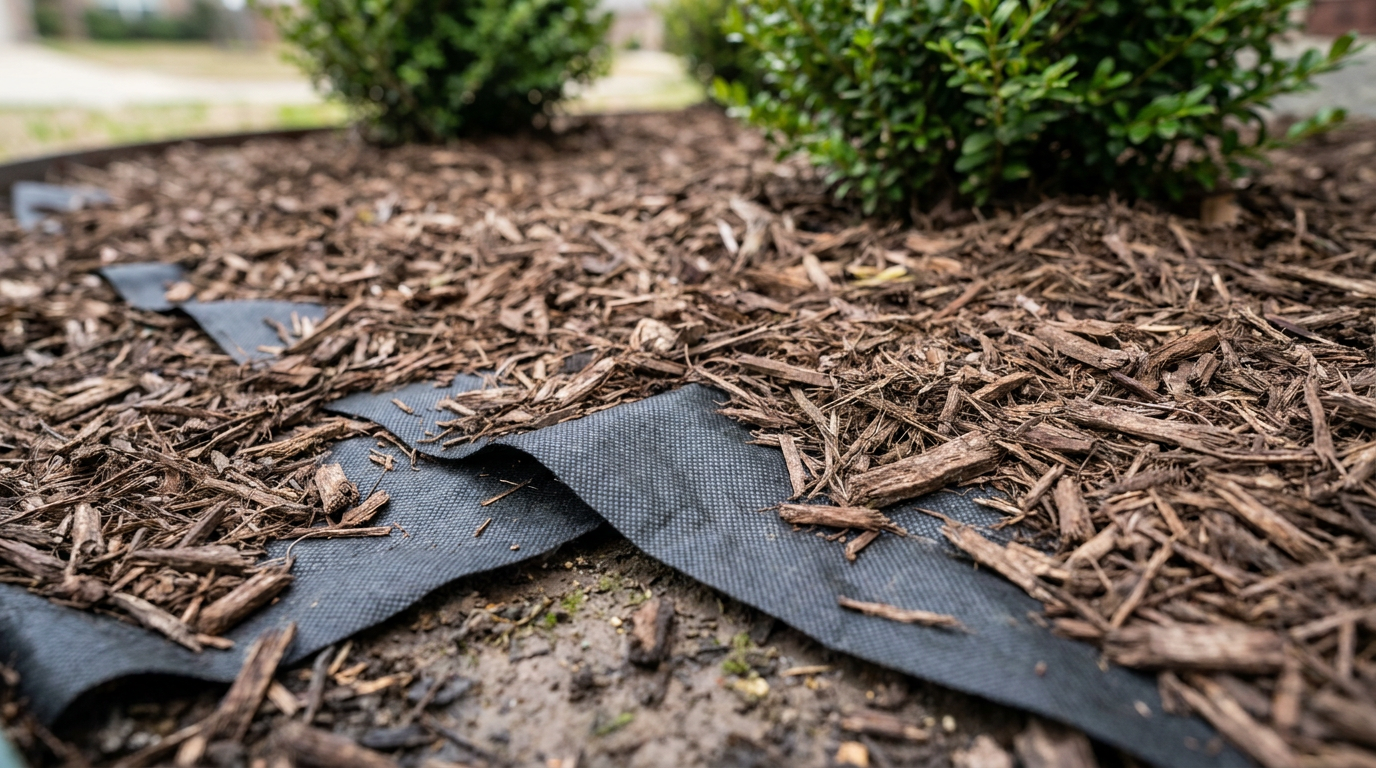 Black landscape fabric poking through thin brown wood mulch in a home garden bed
