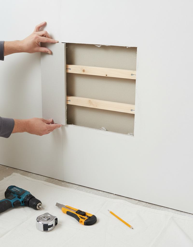 Hands installing a new drywall patch into a large hole supported by wood strips