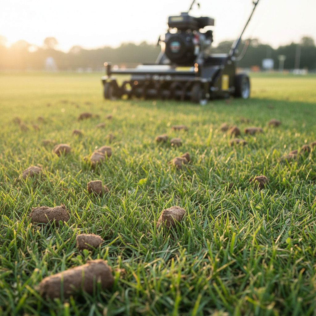 Close-up of a freshly core-aerated lawn showing soil plugs and green grass