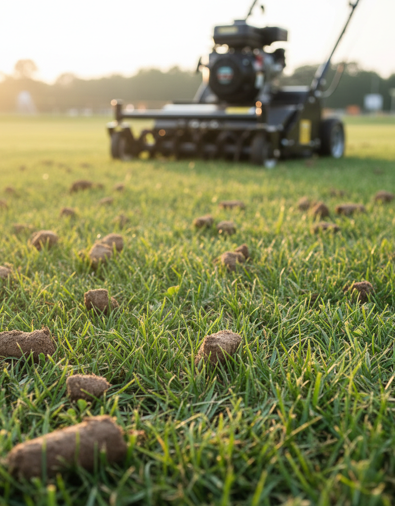 Close-up of a freshly core-aerated lawn showing soil plugs and green grass