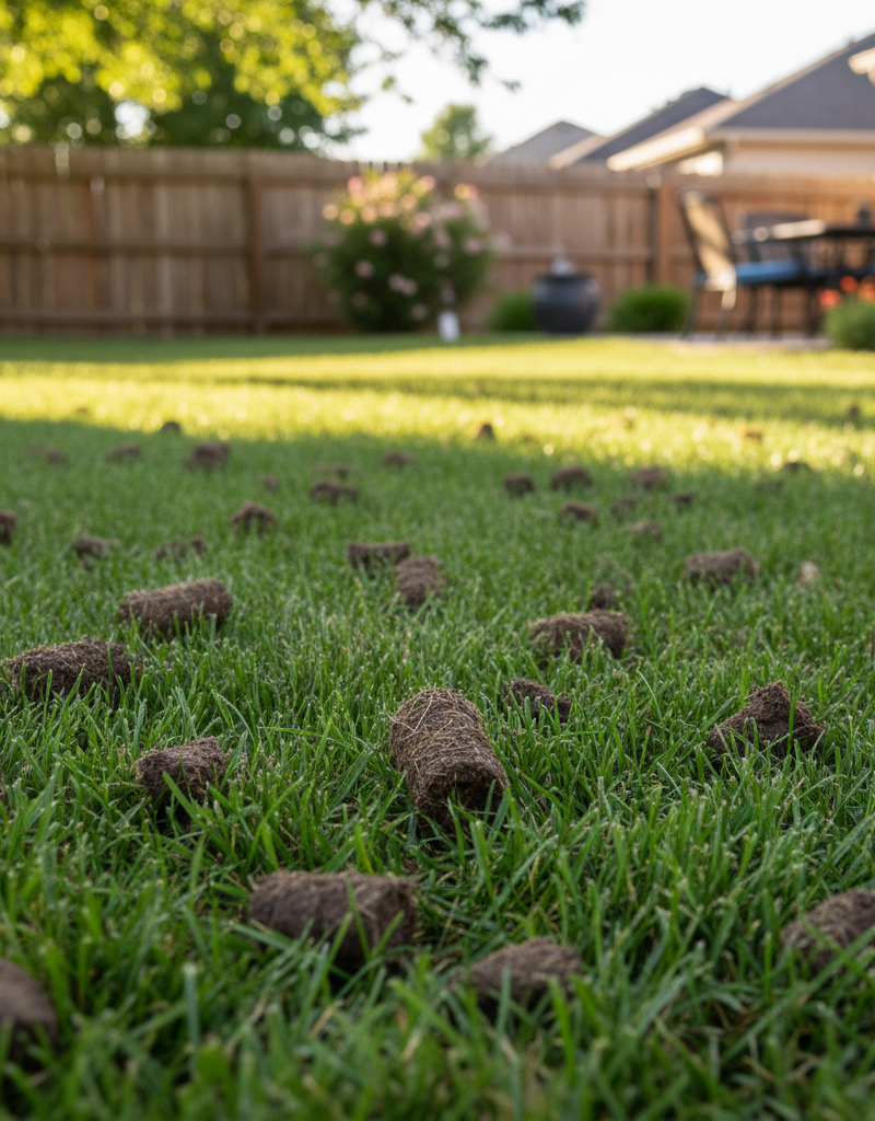 Freshly aerated lawn with soil plugs visible on green grass, indicating proper timing for lawn health.