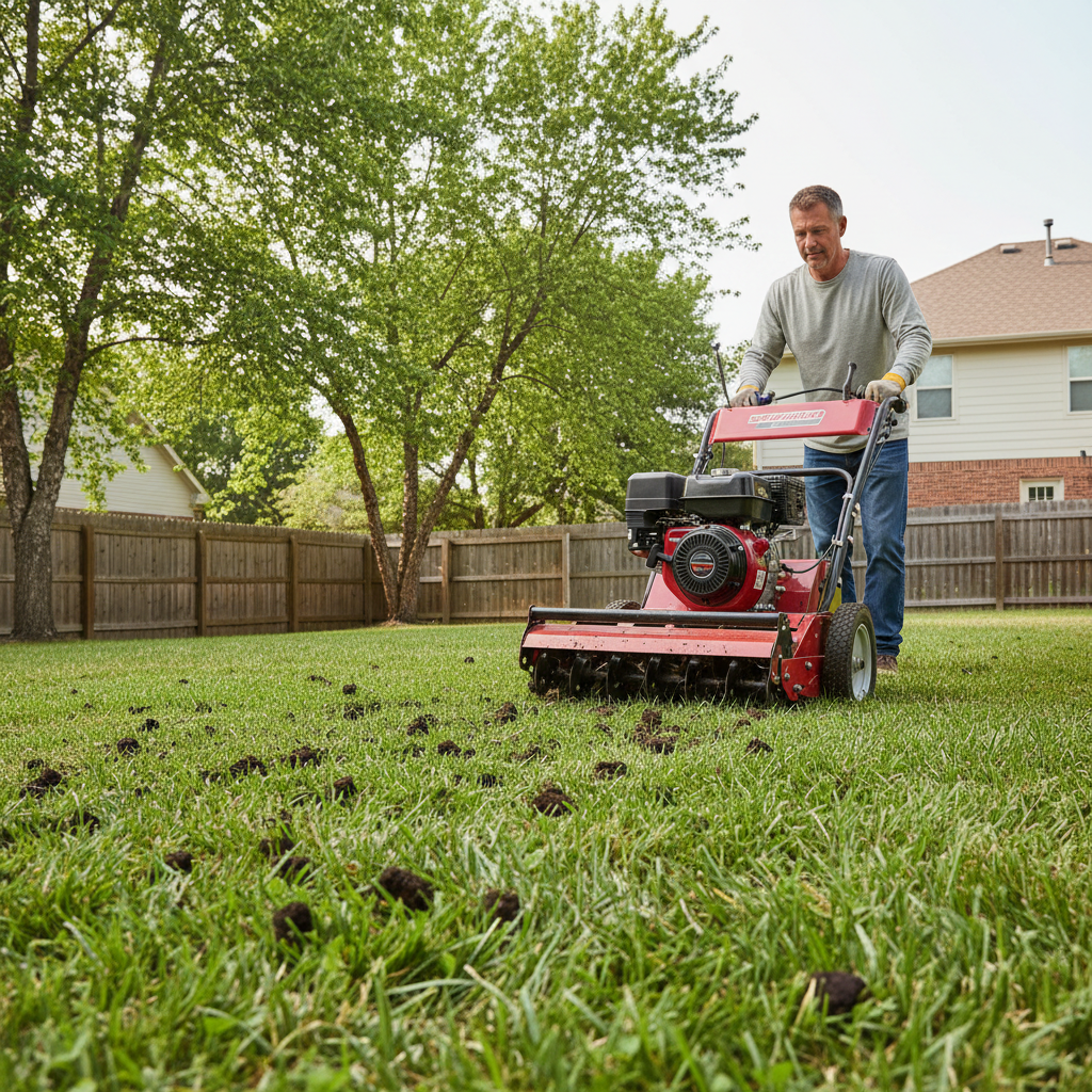 Homeowner using a core aerator on a lush green lawn, with small soil plugs scattered on top.