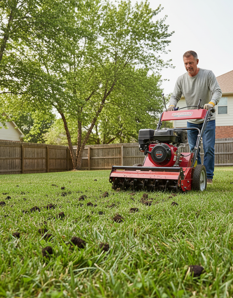 Homeowner using a core aerator on a lush green lawn, with small soil plugs scattered on top.