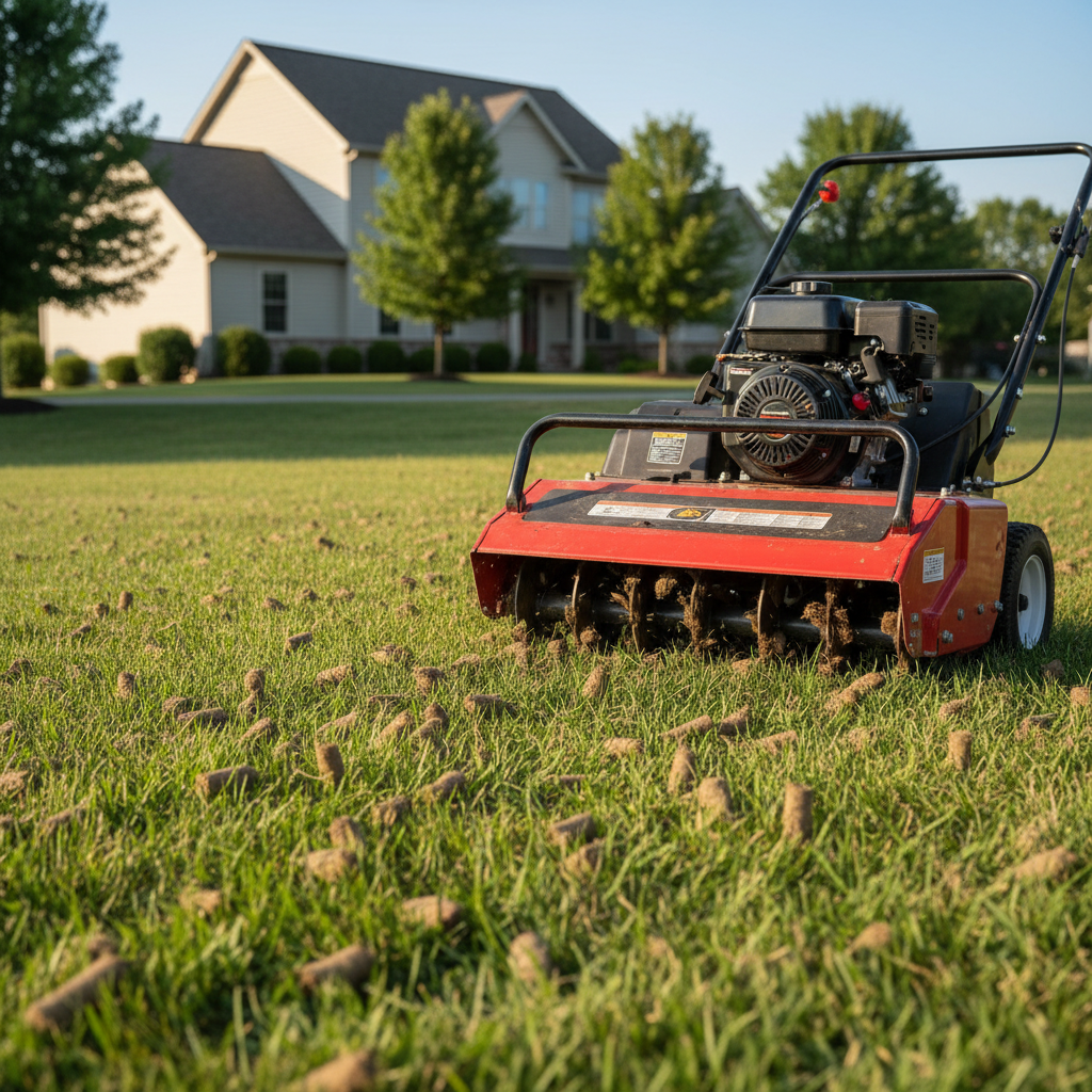 Gas-powered core aerator machine pulling soil plugs from a green lawn.