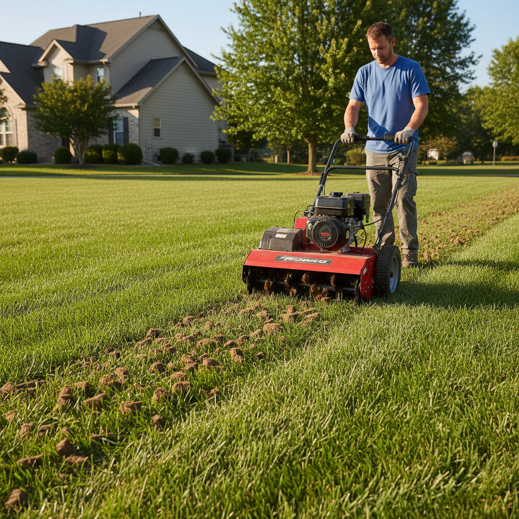 Homeowner using a walk-behind core aerator on a green lawn with soil plugs visible.