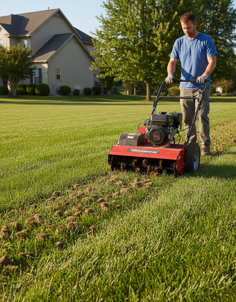 Homeowner using a walk-behind core aerator on a green lawn with soil plugs visible.