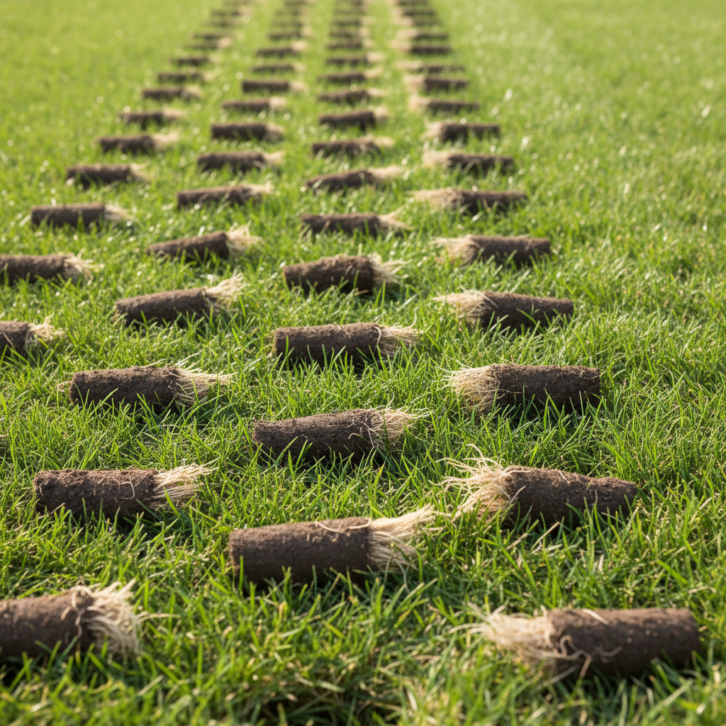 Core aerator machine pulling plugs of soil from a healthy green lawn, illustrating the aeration process.
