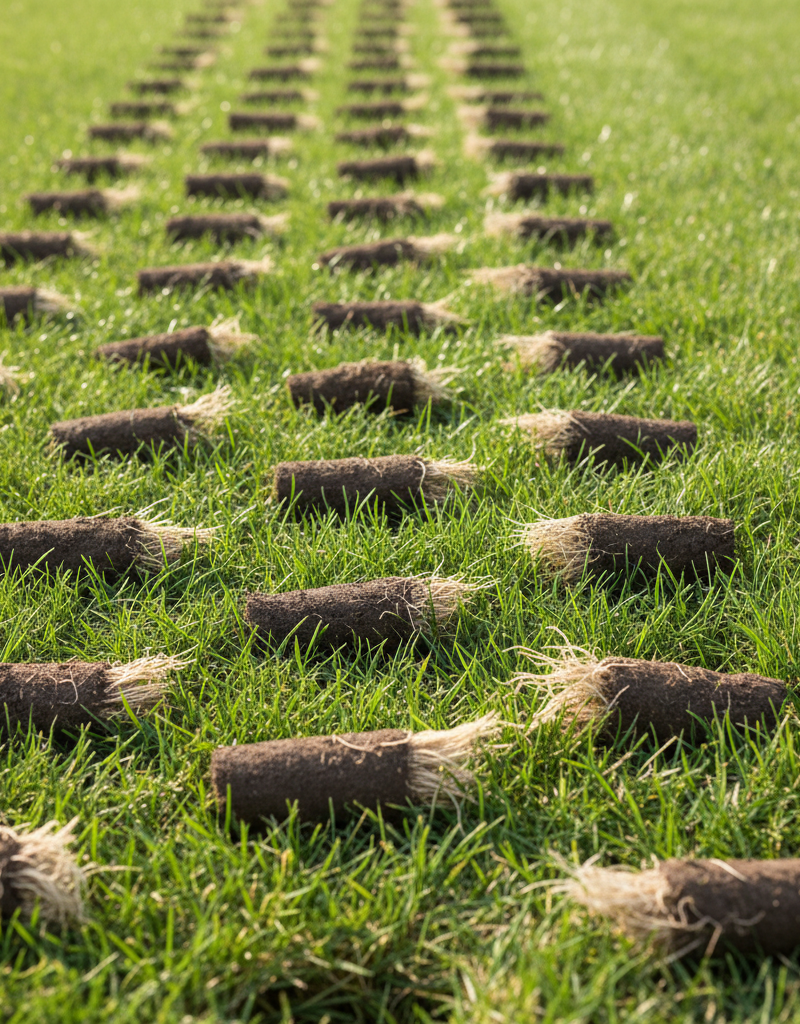 Core aerator machine pulling plugs of soil from a healthy green lawn, illustrating the aeration process.