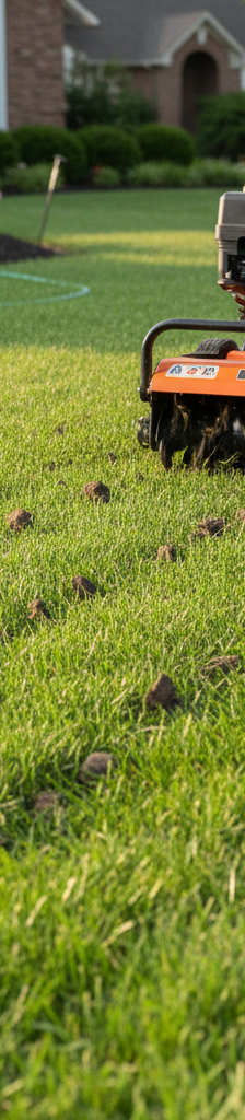 Homeowner using a core aerator on a green lawn, showing soil plugs and hose
