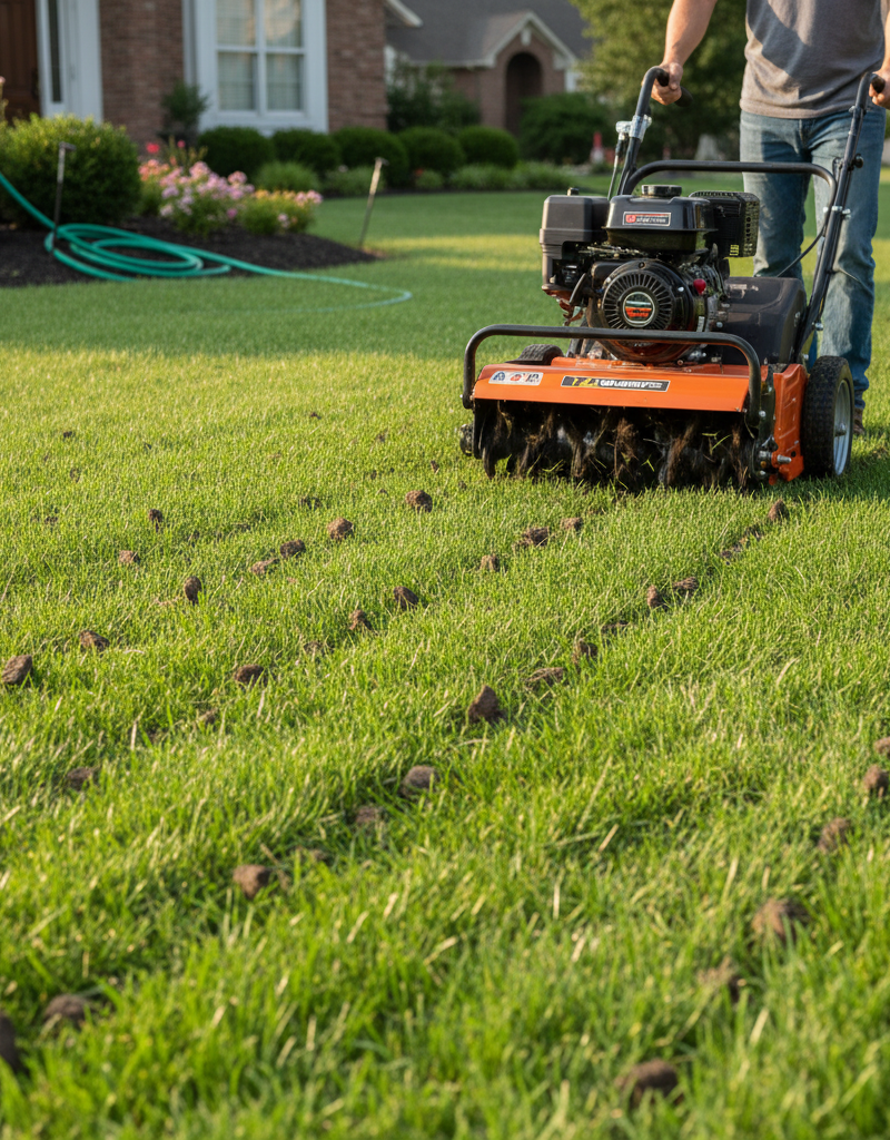 Homeowner using a core aerator on a green lawn, showing soil plugs and hose