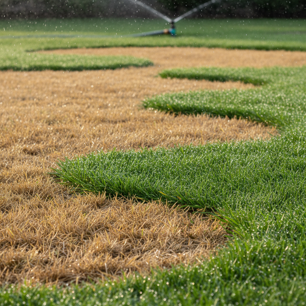 Vibrant green lawn with several distinct brown patches, showing the effect of watering on stressed grass.