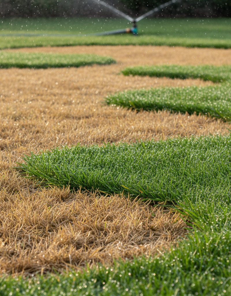 Vibrant green lawn with several distinct brown patches, showing the effect of watering on stressed grass.