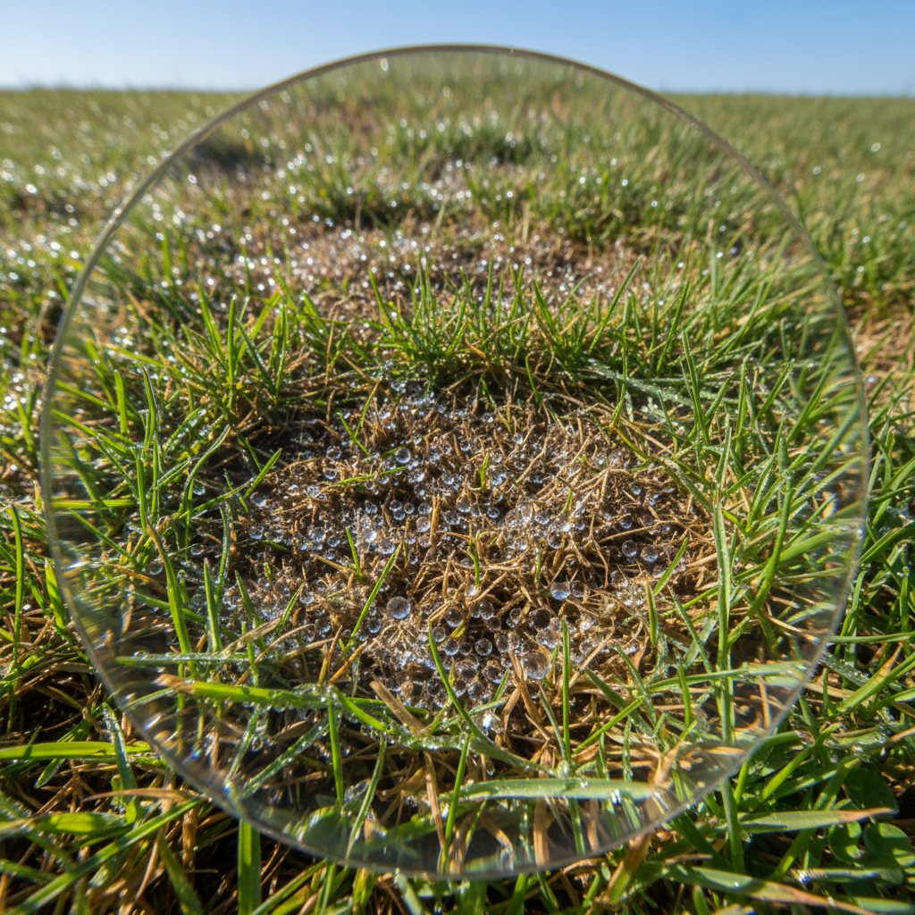 Close-up of a green lawn with small brown, circular scorch marks where water droplets magnified sun rays.