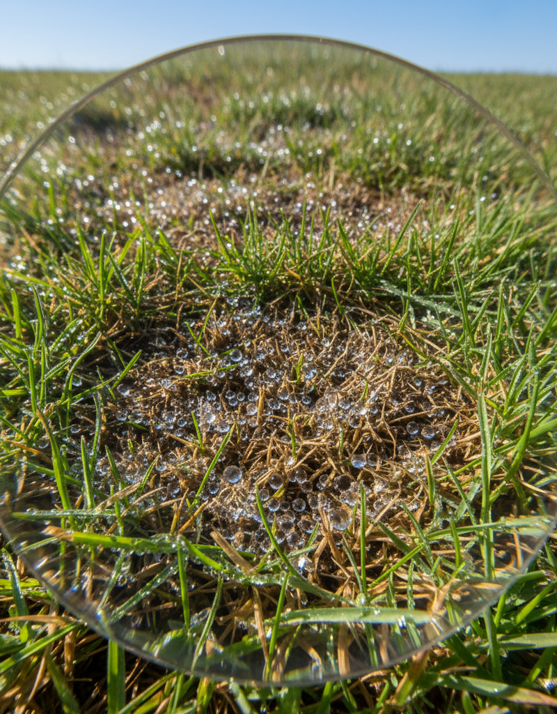 Close-up of a green lawn with small brown, circular scorch marks where water droplets magnified sun rays.