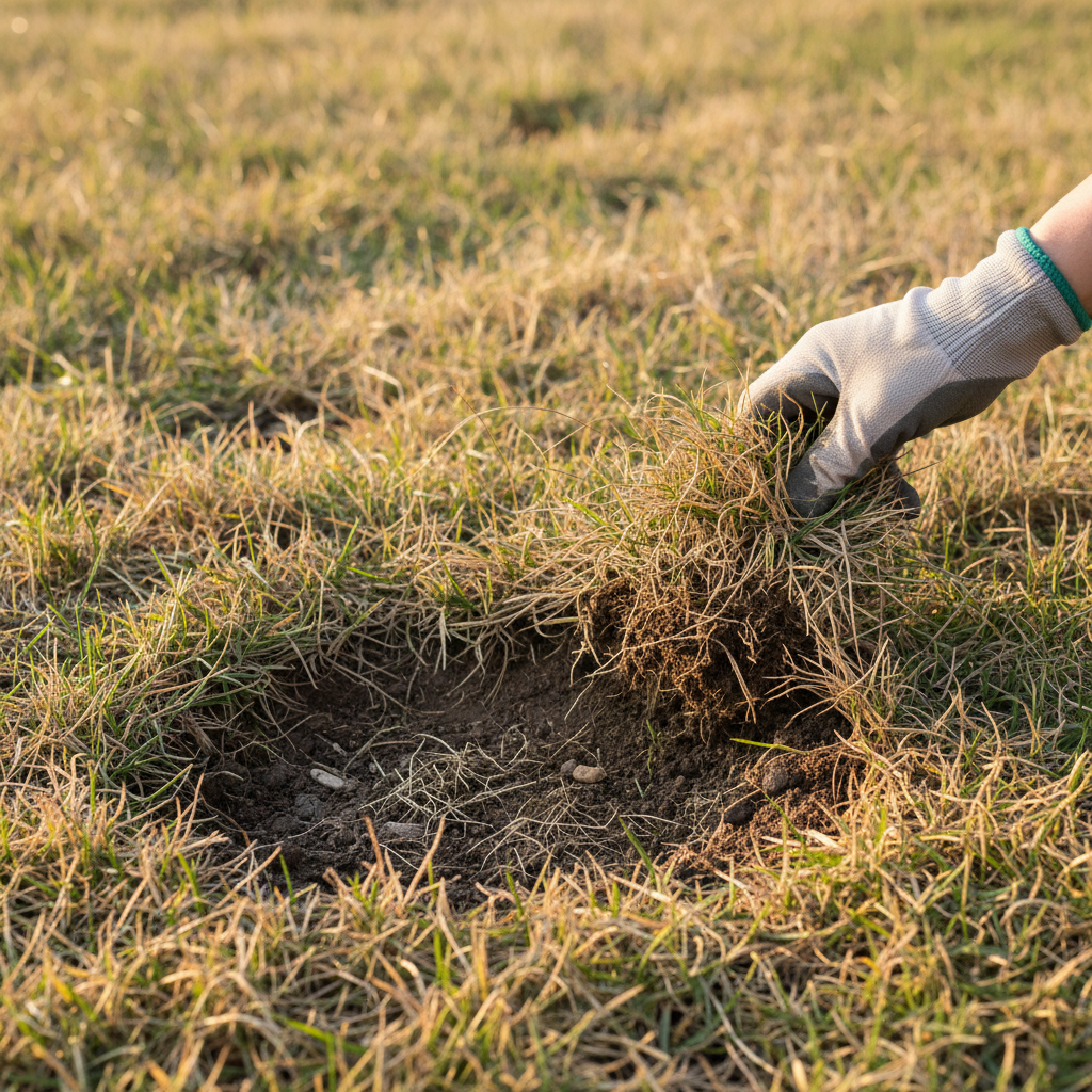 Homeowner inspecting brown patches in a lawn, performing a tug test for grubs.