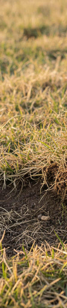 Homeowner inspecting brown patches in a lawn, performing a tug test for grubs.