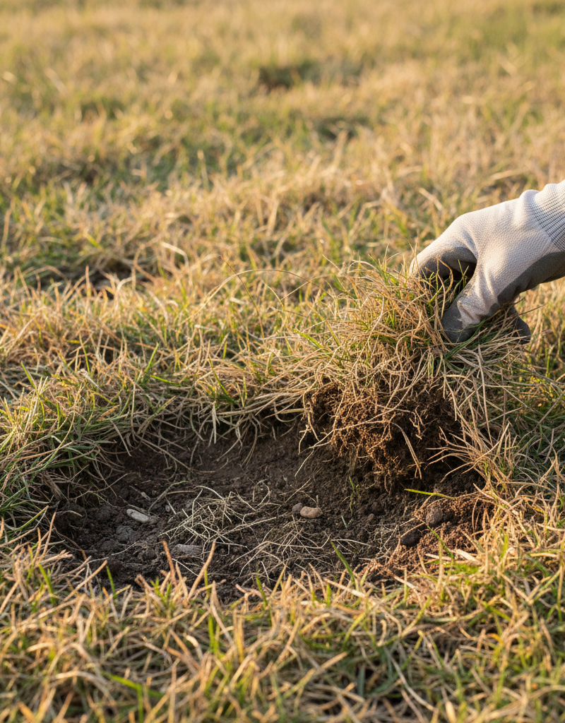 Homeowner inspecting brown patches in a lawn, performing a tug test for grubs.