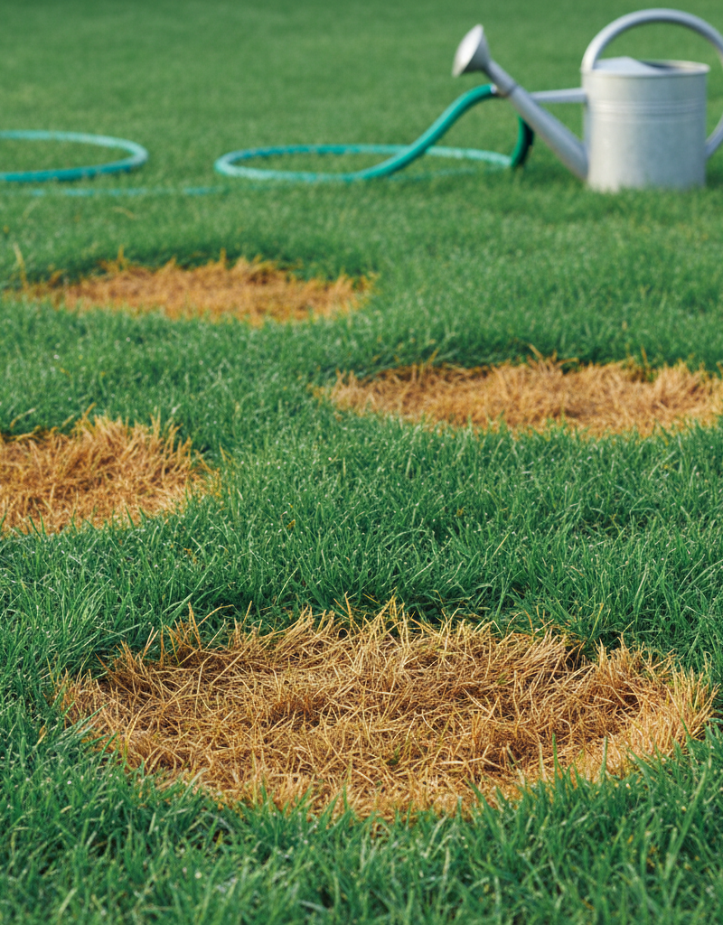 Lawn showing clear brown spots amidst green grass after watering, with a garden hose in the background.