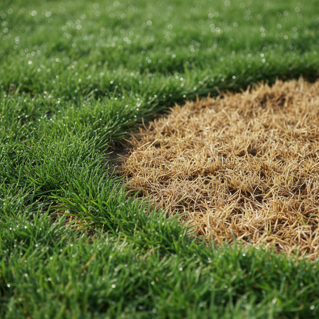 Brown patch in a green lawn after watering, showing dry, stressed grass