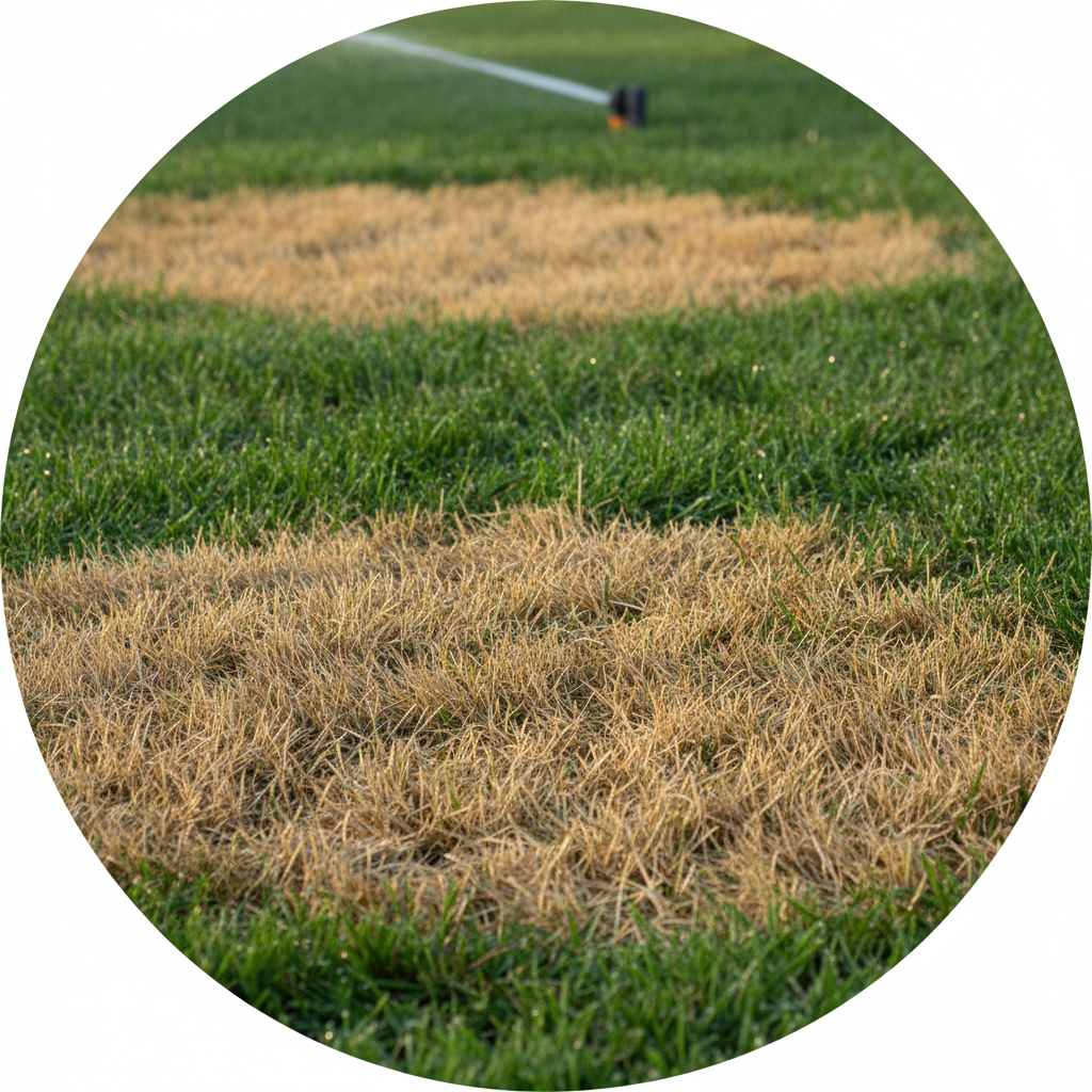 Lawn with brown spots after watering, showing contrast between dead and healthy grass.