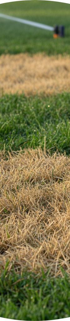 Lawn with brown spots after watering, showing contrast between dead and healthy grass.
