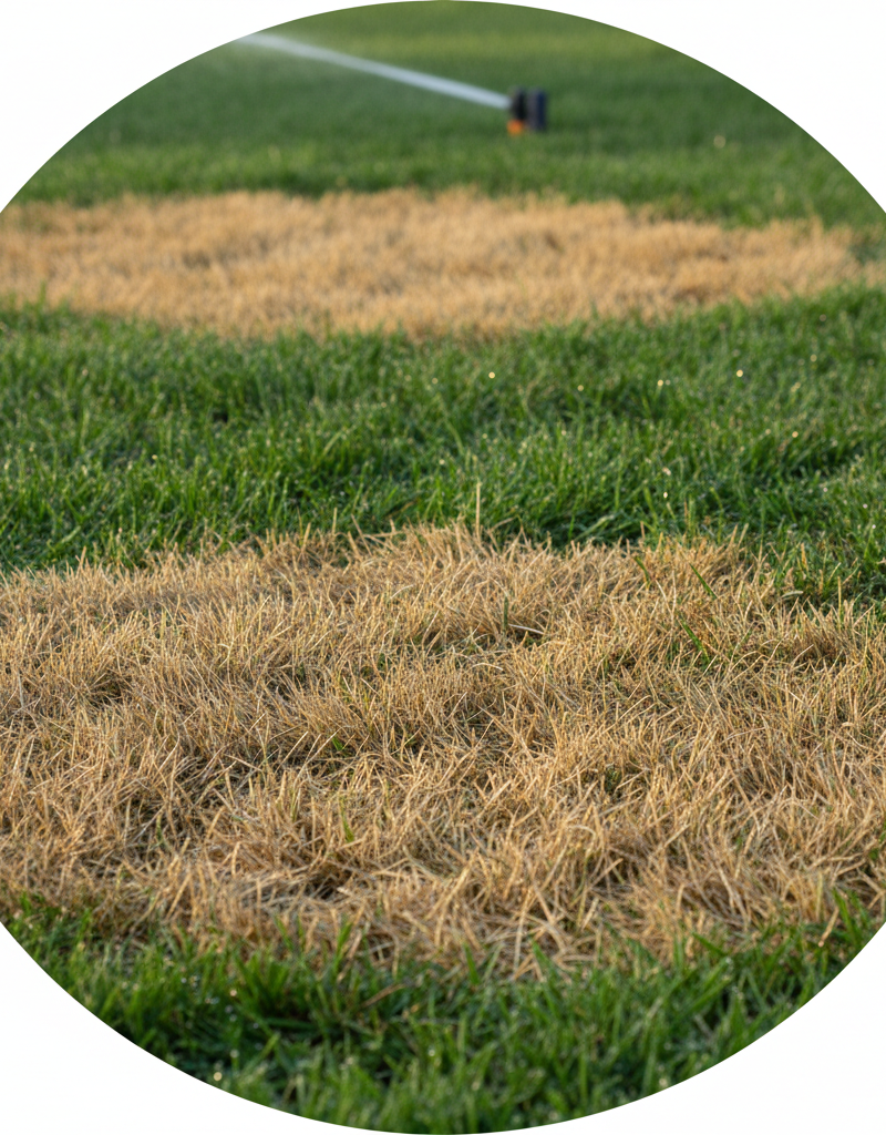 Lawn with brown spots after watering, showing contrast between dead and healthy grass.