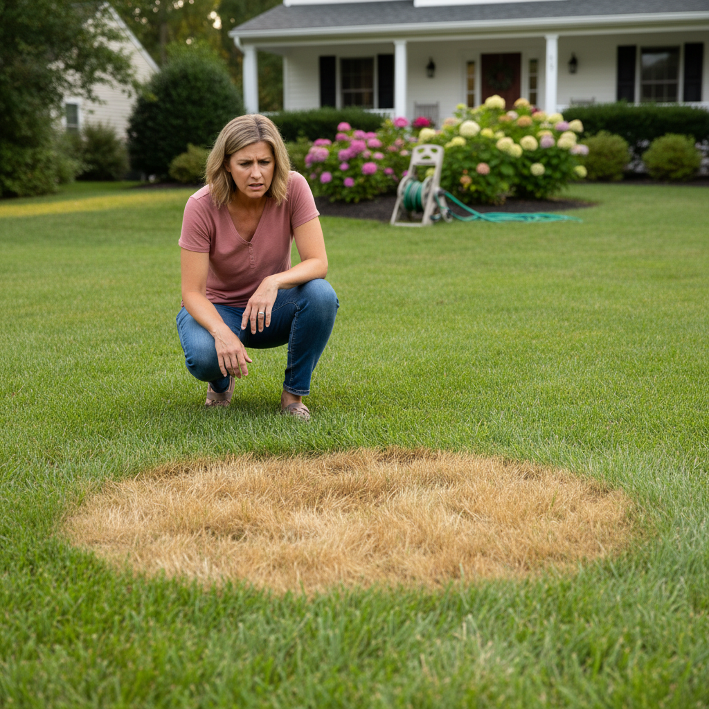 Homeowner inspecting a brown spot in their lawn, possibly from overwatering or fungus, with green grass surrounding it.