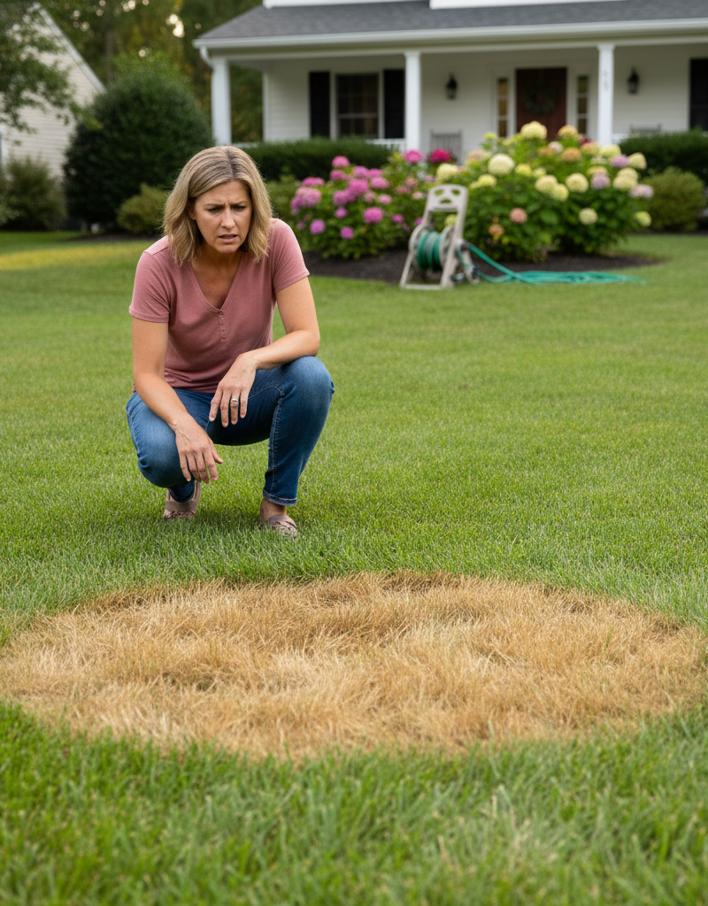 Homeowner inspecting a brown spot in their lawn, possibly from overwatering or fungus, with green grass surrounding it.
