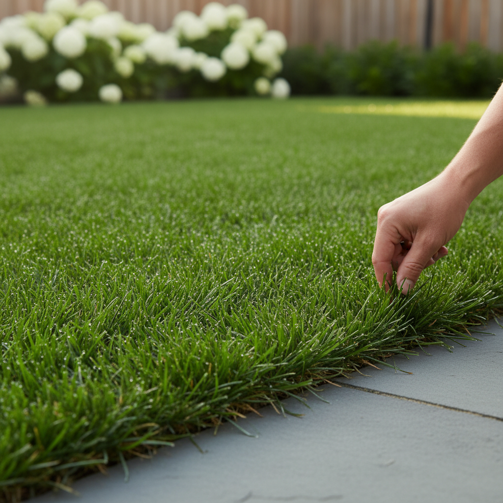 Vibrant green lawn sparkling with morning dew, representing a healthy, well-fertilized yard.