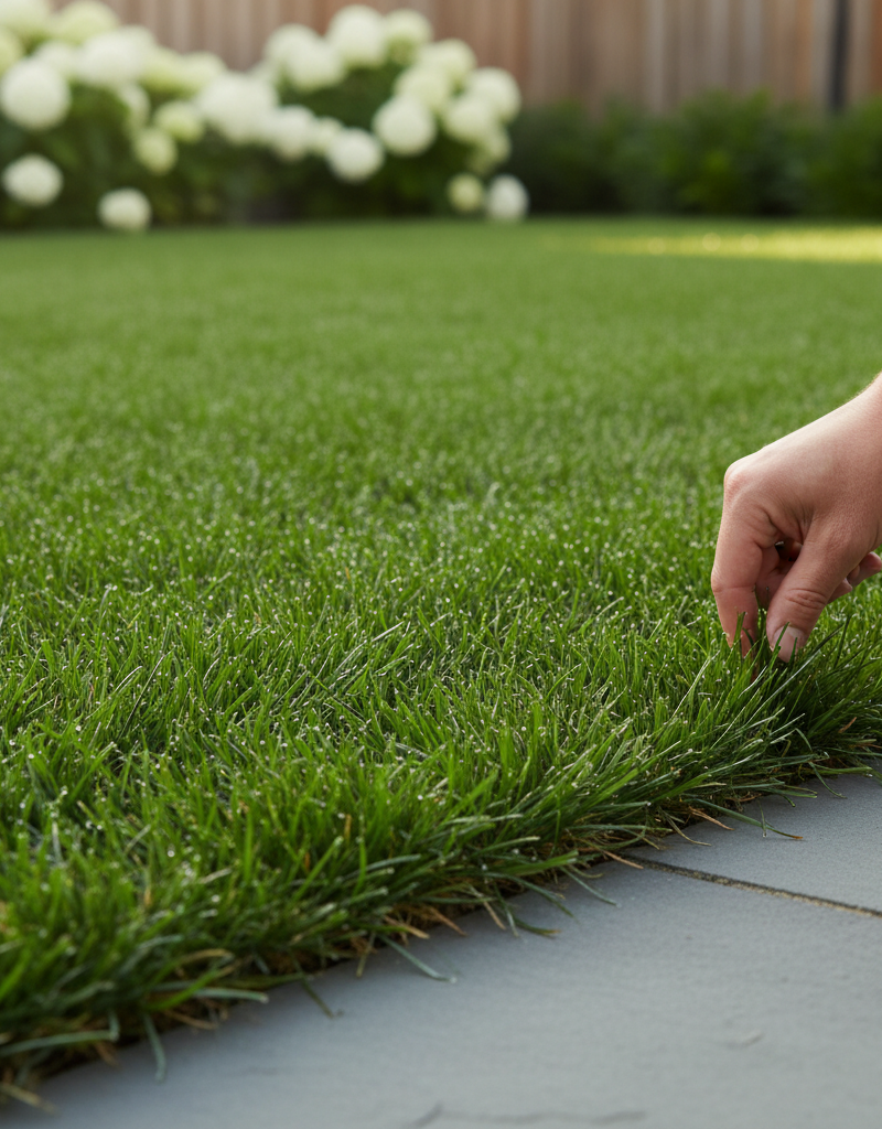Vibrant green lawn sparkling with morning dew, representing a healthy, well-fertilized yard.