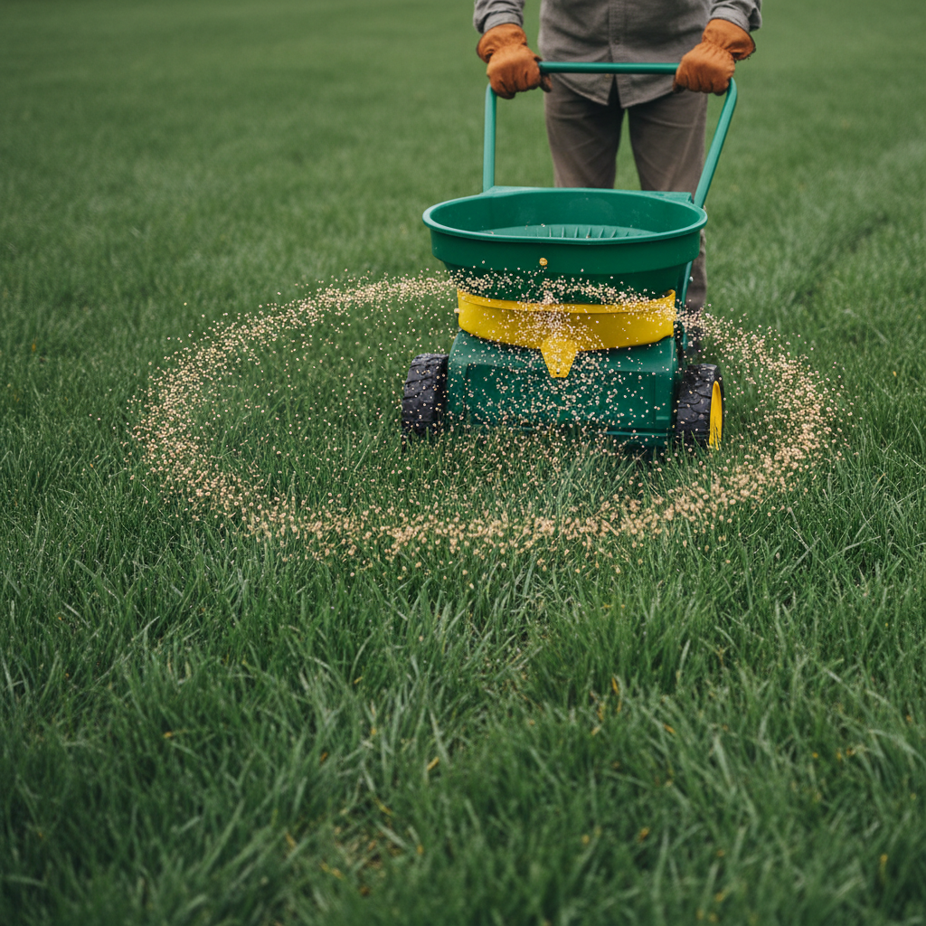 Homeowner applying granular fertilizer to a green lawn with a spreader in the fall time.