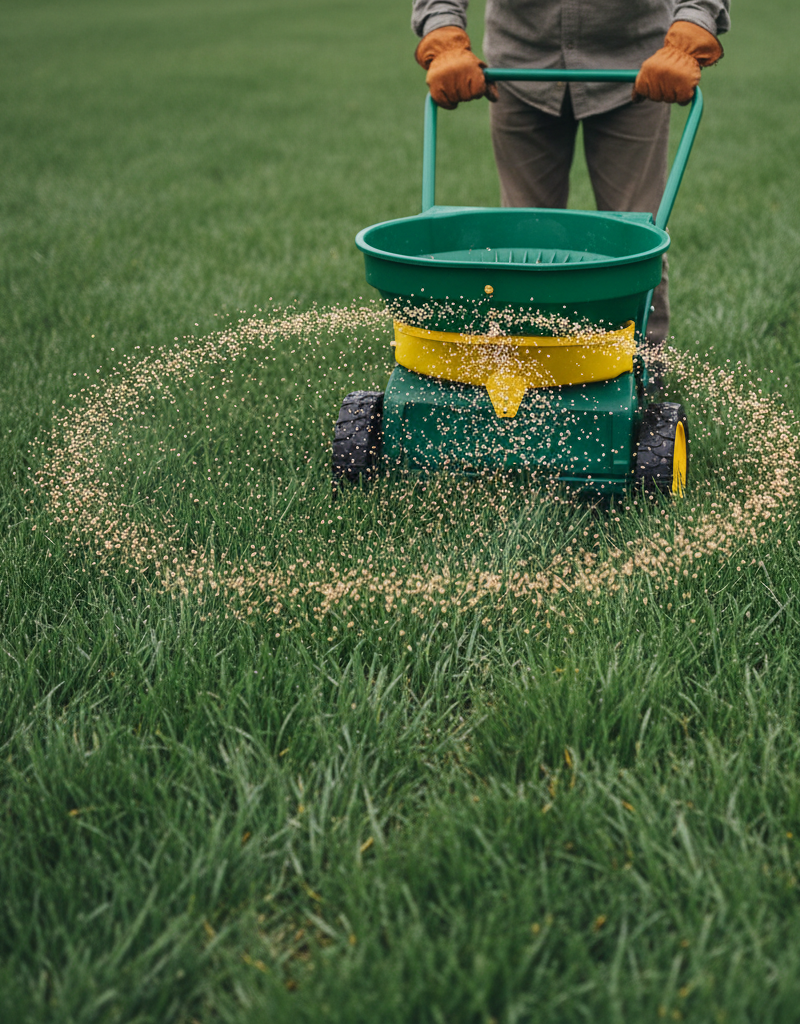 Homeowner applying granular fertilizer to a green lawn with a spreader in the fall time.
