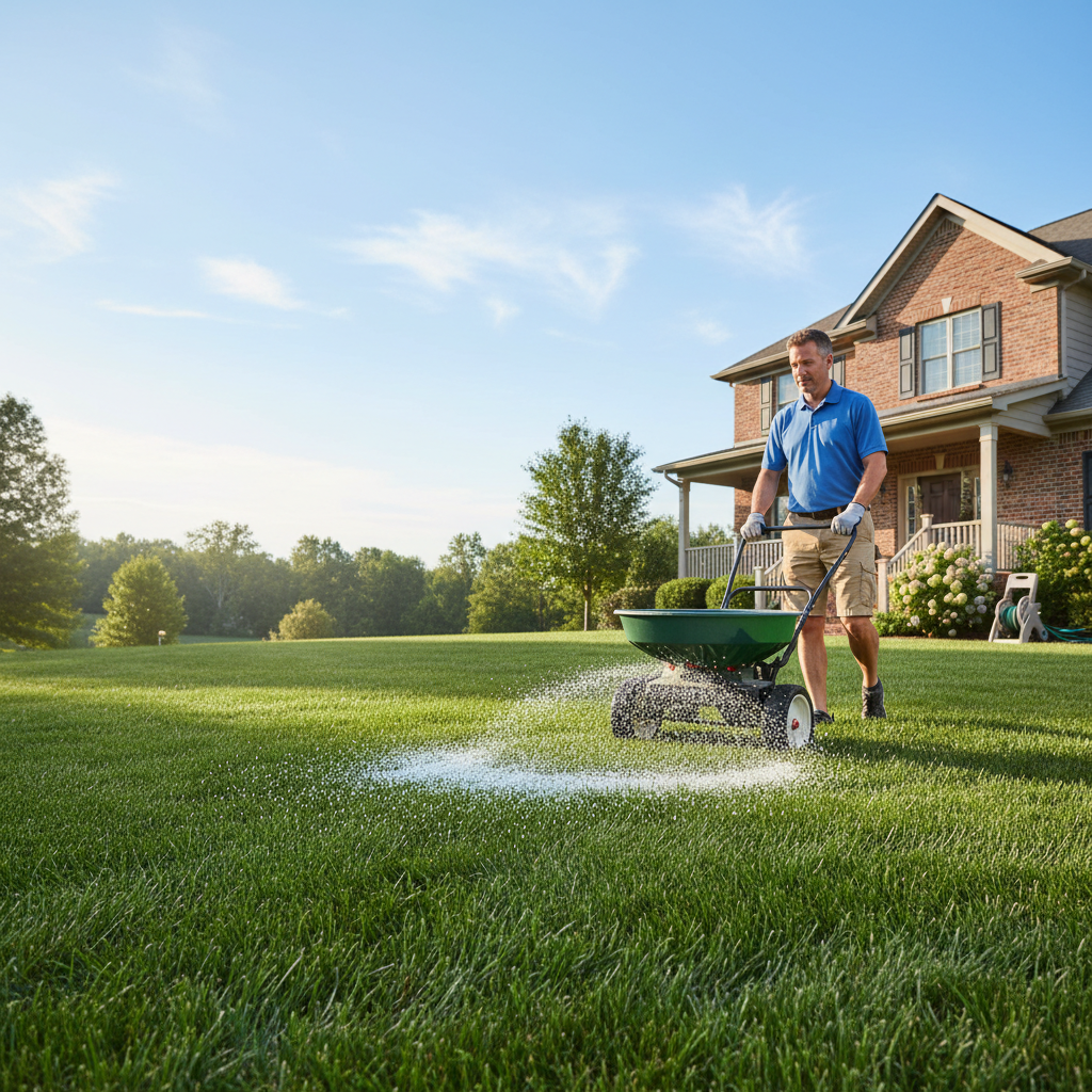 Homeowner using a broadcast spreader to properly fertilize a green lawn in the morning.