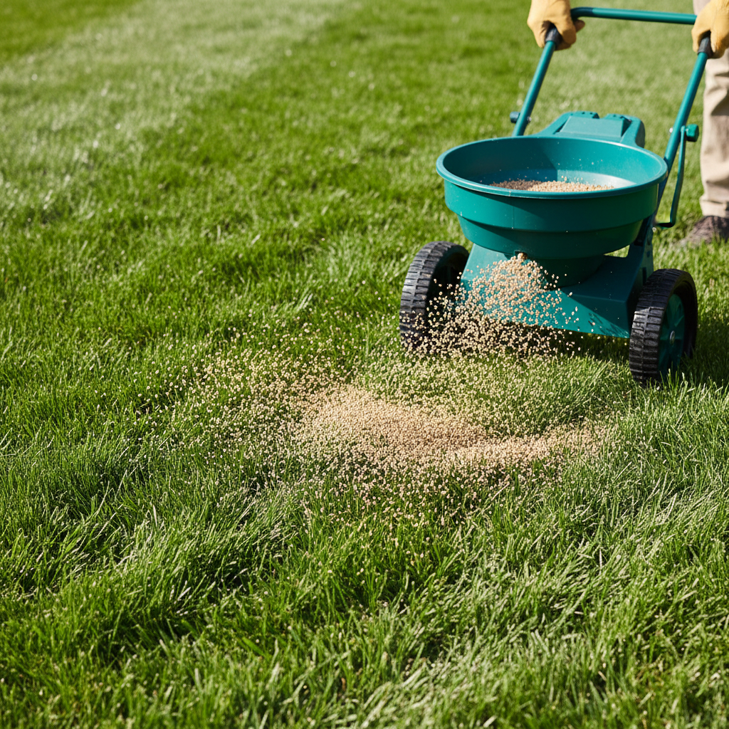 Homeowner fertilizing a lush green lawn with a broadcast spreader on a sunny day.