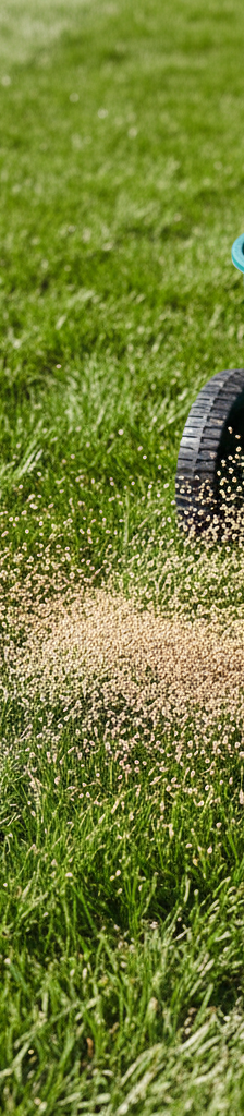 Homeowner fertilizing a lush green lawn with a broadcast spreader on a sunny day.