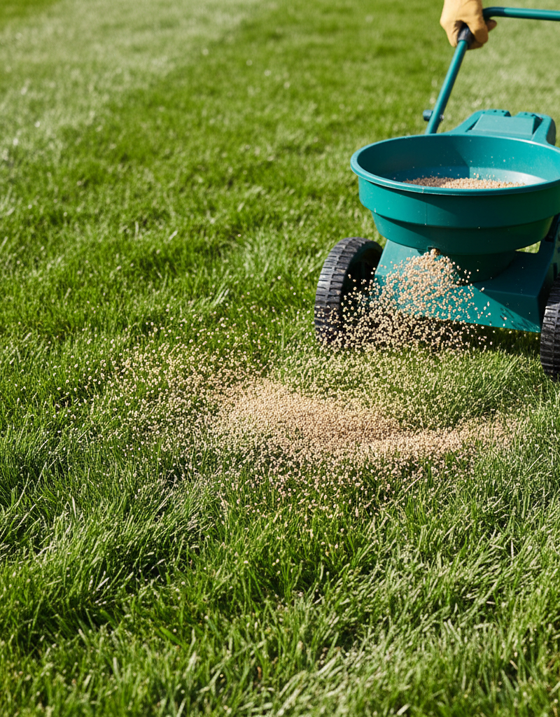 Homeowner fertilizing a lush green lawn with a broadcast spreader on a sunny day.