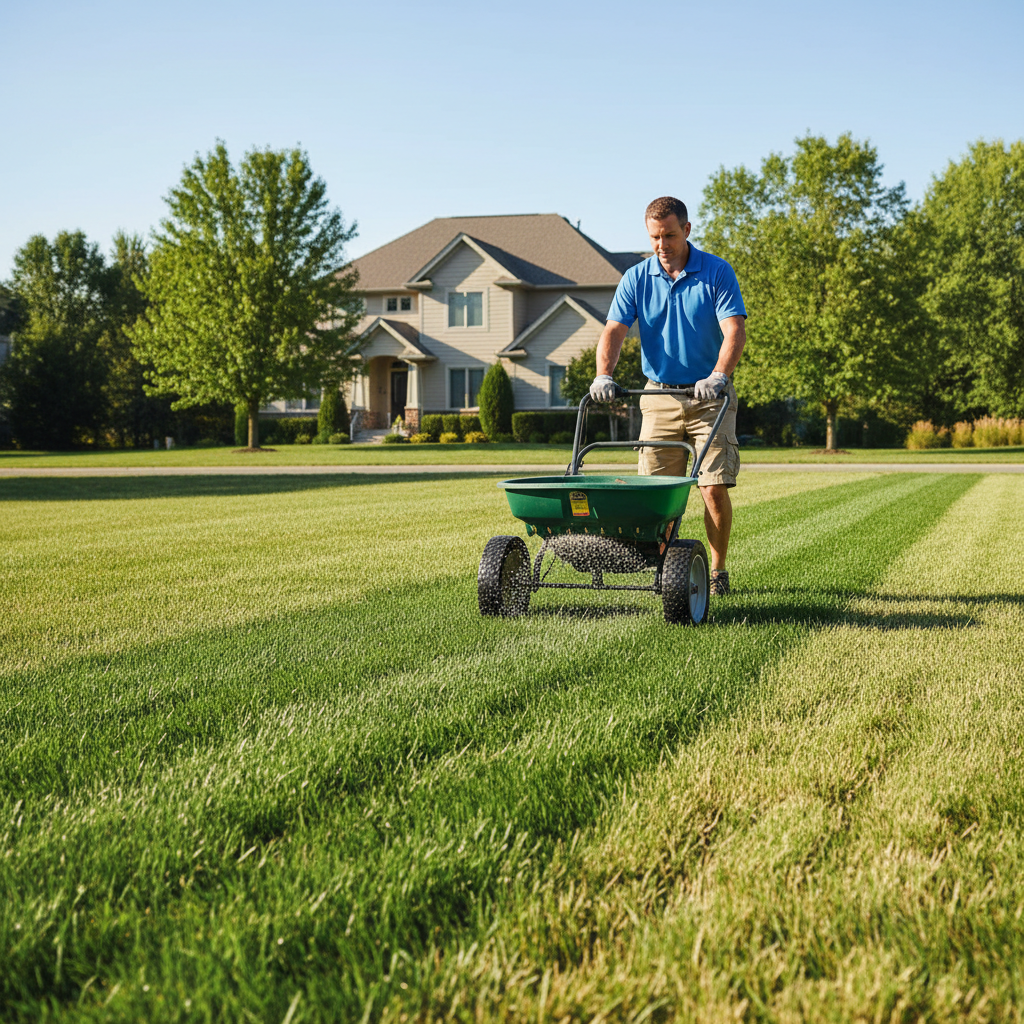 Homeowner applying granular fertilizer to a well-maintained green lawn with a broadcast spreader.