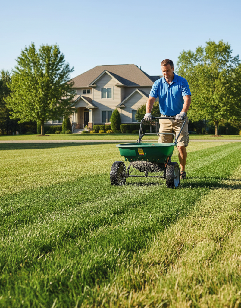 Homeowner applying granular fertilizer to a well-maintained green lawn with a broadcast spreader.