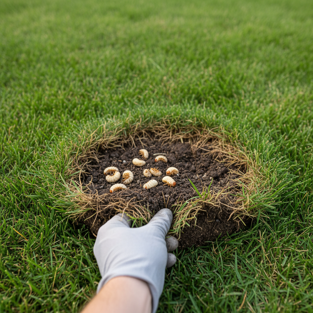 Homeowner pulling back a section of brown, damaged lawn to reveal white grubs feeding on grass roots.