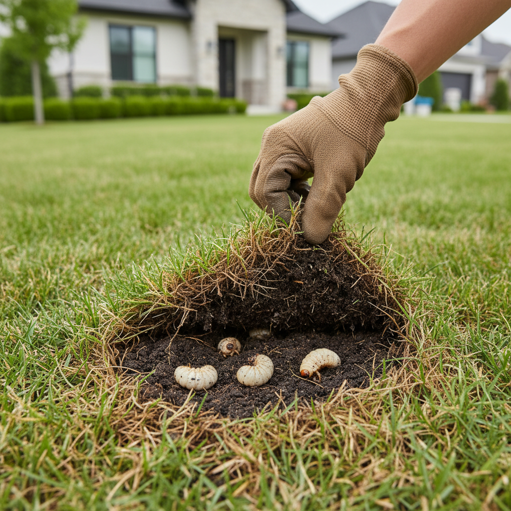 Hand pulling back dead turf to reveal white grubs in the soil, showing lawn damage.